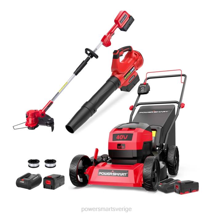 PowerSmart 40v 17" sladdlös gräsklippare & strängtrimmer/kantskärare & lövblåsare kombisats ps76500c+db2317 med 2*4,0ah batteri & 2*laddare DD6V35 gräsklippare