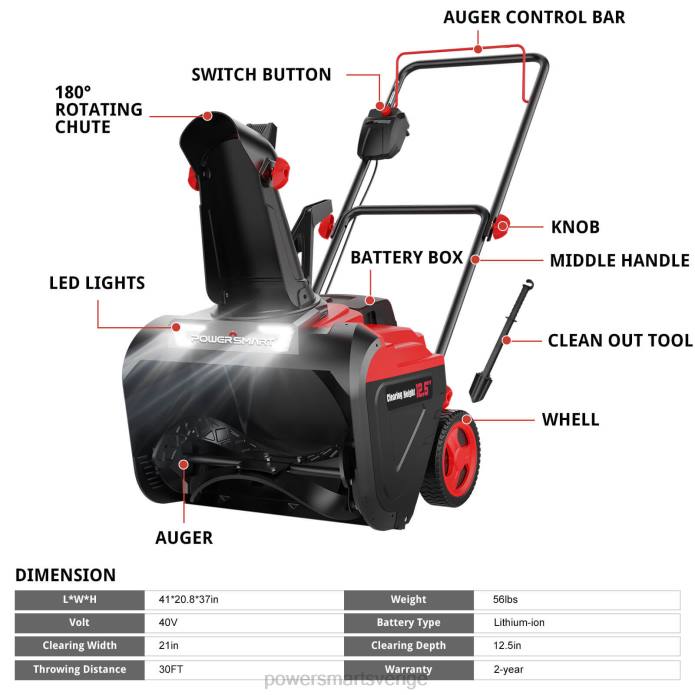 PowerSmart 40v 21\" enstegs sladdlös snöslunga hb2421 (endast verktyg) DD6V17 snöslungor