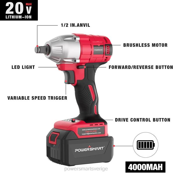 PowerSmart 20V borstlös sladdlös slagnyckel med batteri, laddare och strömbitar/muttrar/uttag DD6V64 verktyg