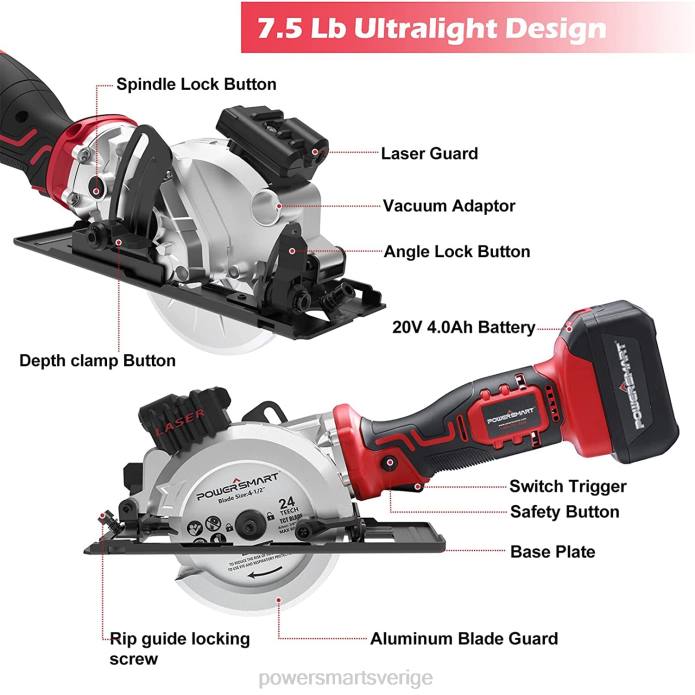 PowerSmart 20V minicirkelsåg sladdlös med 4,0ah batteri och laddare ps76138a DD6V65 verktyg