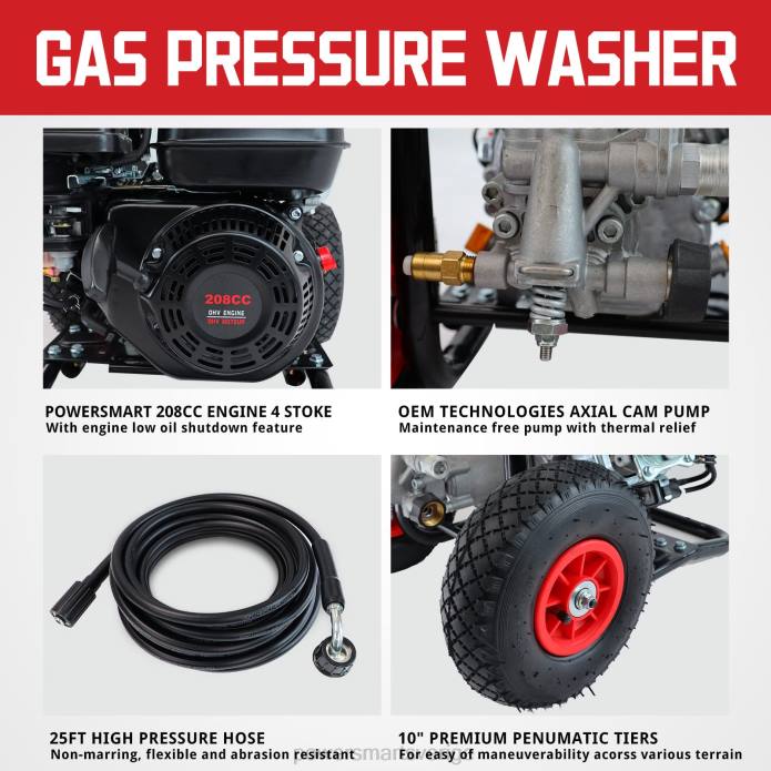 PowerSmart 3200psi gastryckstvätt med 208cc motor, 2,5 gpm DD6V44 verktyg